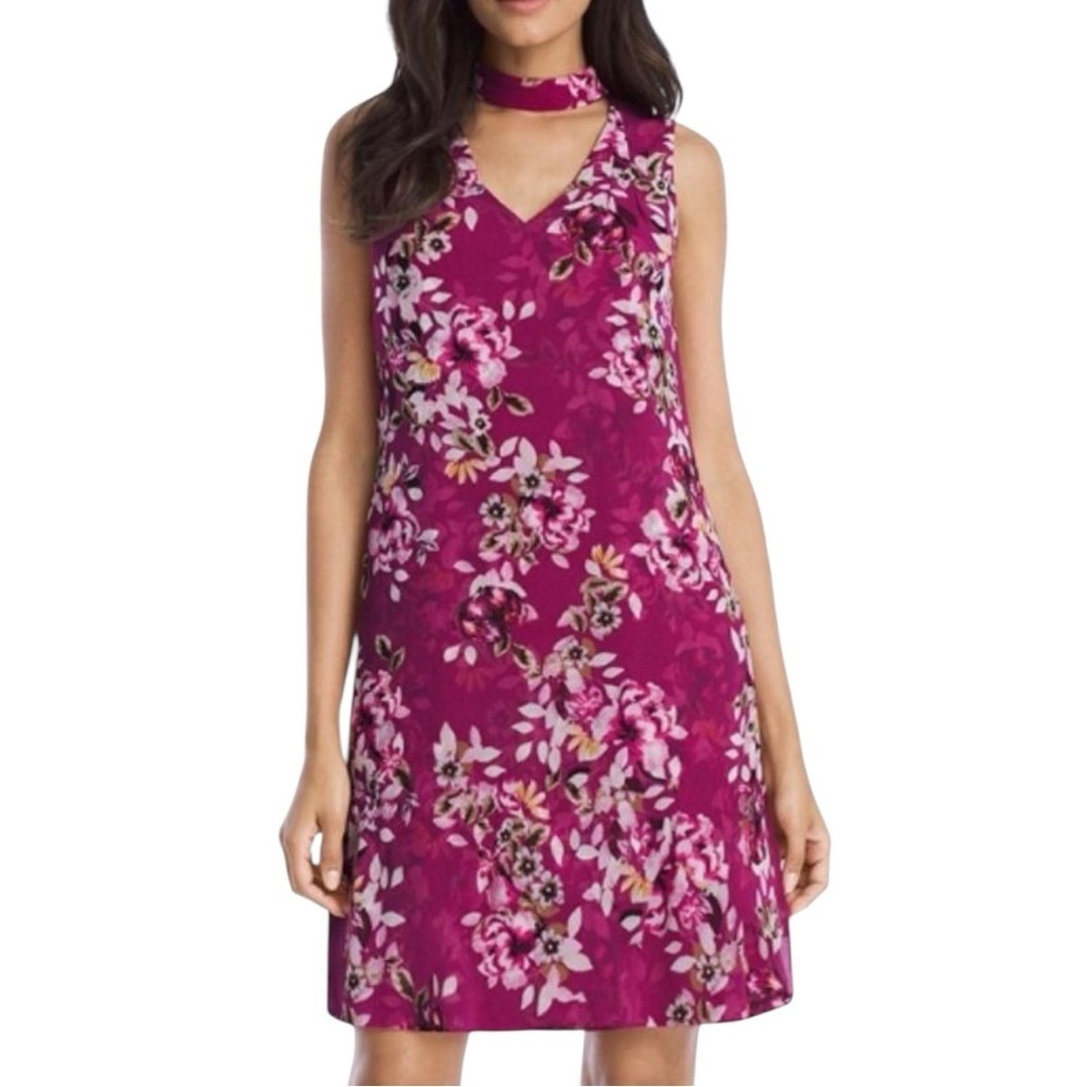 NWT WHBM Pink Floral Sleeveless V-Neck Tie Neck Dress Size 12